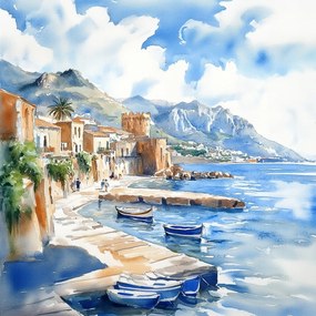 Vászonkép Canvas Tájkép Olaszország Szicília Tenger Marina Hajók 80x80