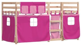 vidaXL rózsaszín tömör fenyőfa emeletes ágy függönyökkel 90 x 190 cm
