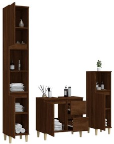 3 részes barna tölgy színű szerelt fa fürdőszobaszekrény-szett