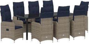 vidaXL Kert étkező szett párnával 9 pcs Fekete polirattan