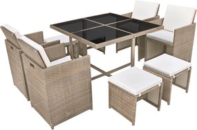 vidaXL 9-részes bézs polyrattan kültéri étkezőszett párnákkal