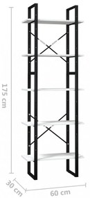ötszintes fehér fenyőfa könyvszekrény 60 x 30 x 175 cm