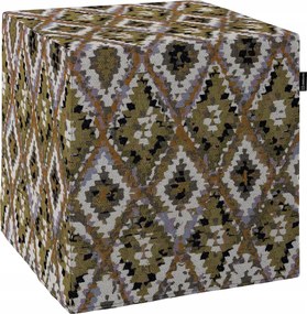 Kocka puff 40 x 40 x 40 cm krémszínű azték minták olívazöld alapon