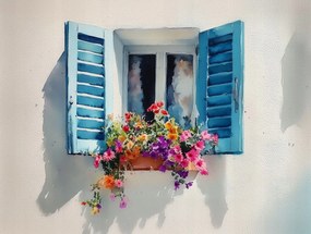 Vászonkép Canvas Ablak Kék Ablakok Virágok Dekoráció 100x75