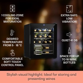 Klarstein Shiraz, borhűtő, 42 liter, 131 W, 5 - 18 °C, érintőképernyős vezérlőpanel, fekete