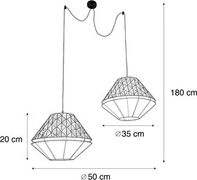 Fekete függőlámpa dupla, bársony lámpabúrával, levélmintával és bézs színű 2-lámpás - Cava Luxe