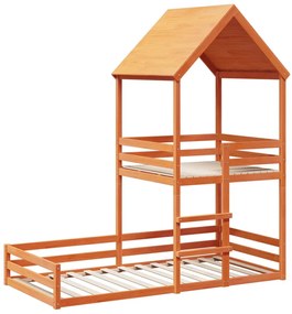 viaszbarna tömör fenyőfa ágy emelettel és tetővel 90 x 200 cm