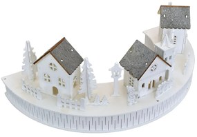 Fából készült LED-es dekoráció: Falucskatemplommal, 40 x 14 x 20 cm, félkör alakú