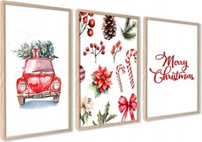 Karácsonyi Poszter Szett Piros Autó Feliratok Fali Képek Keretekkel