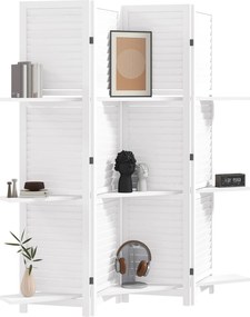 HOMCOM 4-Panel Fa Szobai Elválasztó Hajtható Partíció 3 Leválasztható Polccal Zsalugáteres Kialakítással Hálószobába Irodába 160x170 cm Fehér | Aosom