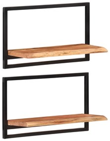 2 darab tömör akácfa és acél falipolc 60 x 25 x 35 cm