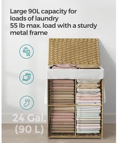 Kézzel szőtt szennyestartó, 90 literes, szintetikus rattan ruháskosár natúr