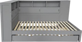 Ágy polcokkal és pótággyal, szürke, 90x200, LENDON