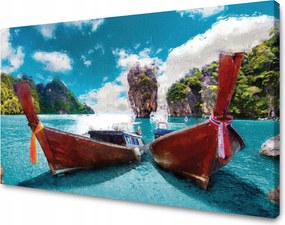 Vászonkép Csónakok a parton Víz Hegyek 70x50 cm Ideális ajándék