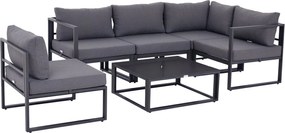 Outsunny 6 részes Kerti Bútor Szett: Patio Fotel Szett Kültéri Bútor Alumínium + Poliészter + Edzett Üveg Szürke, 4 x Szék, 1 x Sarokkanapé, 1 x Kávéz