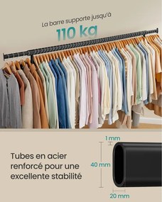 Ruhatartó állvány kerekekkel, extra hosszú,hordozható, fekete