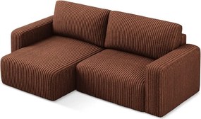 Terrakotta színű kordbársony kinyitható-tárolóhelyes sarokkanapé (bal oldali-heverő résszel) Kona – Makamii