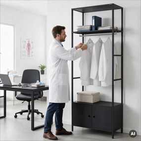 Irodai polc nyitott ruhaakasztó rúddal, recepcióra és váróterembe, fém, fekete, 800x2200x400 mm: ARIEL