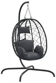 antracitszürke polyrattan és acél függő kagylószék párnával