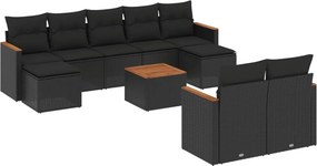 vidaXL 10 részes fekete polyrattan kerti ülőgarnitúra párnákkal