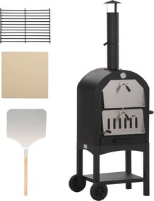 Outsunny 2 az 1-ben kültéri pizza sütő kerekekkel, BBQ grillező fedéllel, pizzakemence, 2 grillrács, grillező kocsi kéménnyel, 3 szintes fával működő