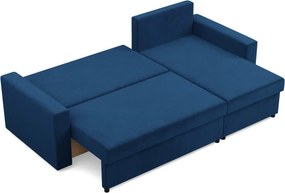 Zeus sarokkanapé, 2 ágyneműtartóval, egyenes kartámasz, bársony, univerzális oldal, bonell töltet, kék