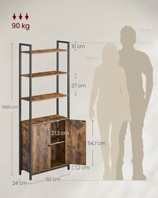 Könyvespolc, 6 szintes, állópolc ajtókkal, 24 × 60 × 159,5 cm, vintage barna–tintafekete