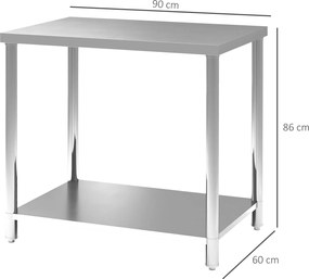 HOMCOM Rozsdamentes Acél Munkaasztal Előkészítő Asztal Konyhai Asztal 2 Polccal, Konyhai Munkaasztal, Garázs, Kert, 90 x 60 x 86 cm, Ezüst | Aosom