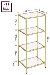 Fürdőszobai tárolópolc 95x40x30 cm, edzett üveg tároló állvány, arany
