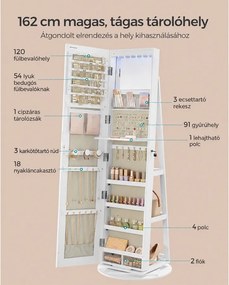 Ékszerszekrény, tükrös szekrény 360°-ban forgatható, fehér felülettel és greige