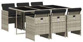 vidaXL 7 részes világosszürke polyrattan kerti étkezőszett párnával