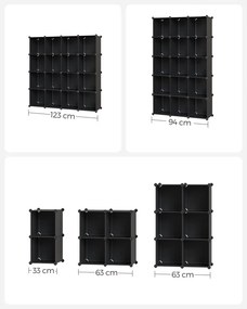 Tároló dobozok moduláris műanyag rendszerező kockák 15 db, fekete 123x31x123cm