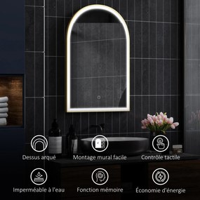 HOMCOM Fürdőszoba Tükör 90 x 60 cm, Ívelt Fali Tükör, LED Világítással Ellátott Fürdőszoba Tükör, Állítható Fény 3 Színben, Páramentes, Memória, Érint