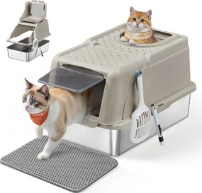 Rozsdamentes acél macskaalmotartó flip fedéllel, szivárgásmentes, Kávékrém Bézs