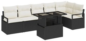 7 db kert kanapészett párnákkal, fekete poli rattan, 2 személyes kert kanapé tárolóval és párnákkal, fekete poli rattan