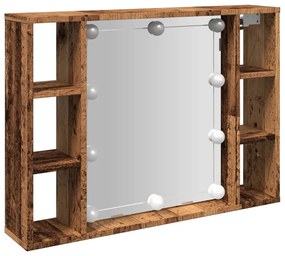antik fa színű szerelt fa tükrös szekrény LED-ekkel 76x15x55 cm