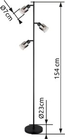 Globo 54308S Állólámpa fém fekete matt, füstszínű üveg, átlátszó futás, fekete PVC kábel, lábkapcsoló a kábelben, ø: 230mm, M:1540mm, kábelhossz 1800mm, nem tartozék: 3x E14 40W 230V