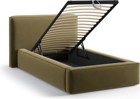 Zöld kárpitozott ágyneműtartós egyszemélyes ágy ágyráccsal 90x200 cm Jodie – Micadoni