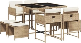 vidaXL 9 részes bézs polyrattan kerti étkezőgarnitúra párnákkal