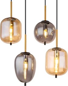 Globo 15345-8A Függeszték fém matt fekete, matt sárgaréz, füstszínű üveg, borostyán, fekete PVC kábel, 4 különböző üvegforma és 2 szín, HxSzxM: 1025x340x1200mm, nem tartozék: 8x E14 40W 230V