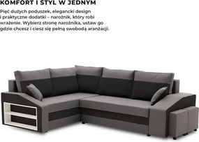 Grande sarokkanapé polcokkal és puffokkal , polc a bal karfaban puffok a jobb karfaban, baloldali, szövet anyag, hab töltet, szürke - fekete