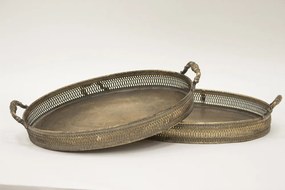 Antikolt feketített réz színű fém 2db-os tálca szett míves fogantyúval 8x46x30,5 / 8x40x27cm