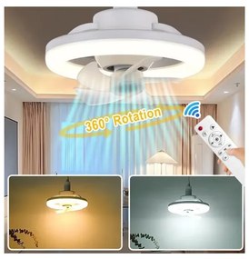 E27 mennyezeti ventilátor LED lámpával, WALALLA, dugaszolható ventilátor, távirányítóval, 360°-ban forgatható LED, 3 színhőmérséklet, 85-265V, 48W, Fehér