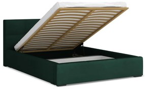 Sötétzöld bársony kárpitozott ágyneműtartós franciaágy ágyráccsal 140x200 cm Hiko – Makamii