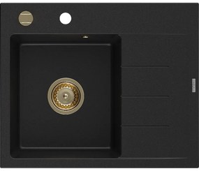 Mexen Ben, 1 kamrás gránit mosogató 600x500x190 mm, bal + arany szifon, fekete, 6522605000-77-G