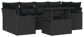 7 részes kerti kanapészett párnákkal, fekete poli rattan, 2 fős kerti kanapé párnákkal, fekete poli rattan