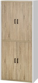 HOMCOM Konyhai Spájz Szekrény 4 Állítható Polccal, MDF Konyhai Szekrény, 4 Ajtóval és Felbillenésgátlóval, 80x40x182cm, Természetes Fa és Fehér | Aoso