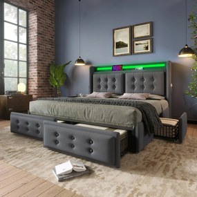 Kárpitozott ágy 160x200cm, dupla Led Usb C 4 fiók szürke, pamut