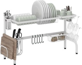 HOMCOM Mosogató Fölötti Edény Szárító Állvány 2 Szintes Acél Edény Drainerek Vágódeszka Tartóval és Evőeszköz Szervezővel 100x30x54.5 cm Fehér | Aosom