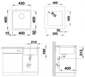 Blanco Subline 400-U, szilgránit mosogató a munkalap alatt 400x400x190 mm, 1 kamrás, szürke vulkán, BLA-527349